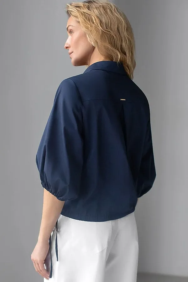 Укороченная блузка с рукавами буфами и с кулиской по низу из эластичного хлопка VILATTE, темно-синий - фото 2