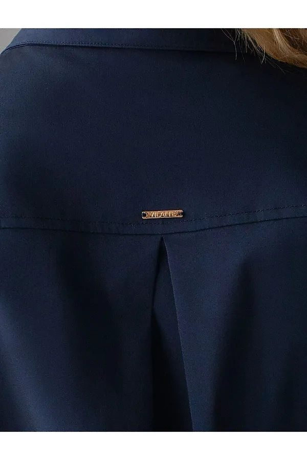 Укороченная блузка с рукавами буфами и с кулиской по низу из эластичного хлопка VILATTE, темно-синий - фото 2