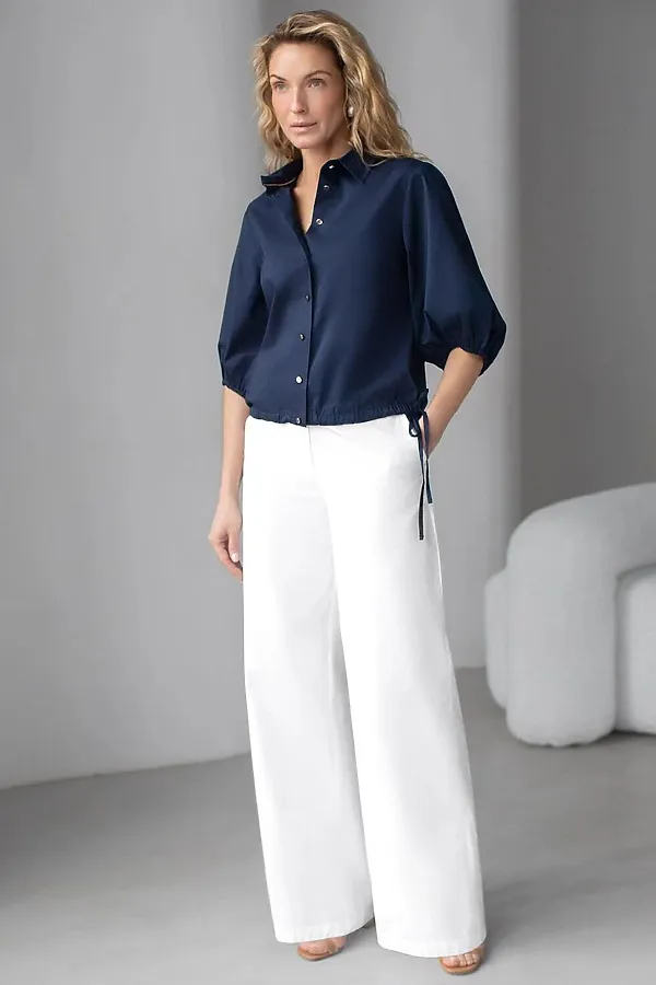 Укороченная блузка с рукавами буфами и с кулиской по низу из эластичного хлопка VILATTE, темно-синий - фото 2