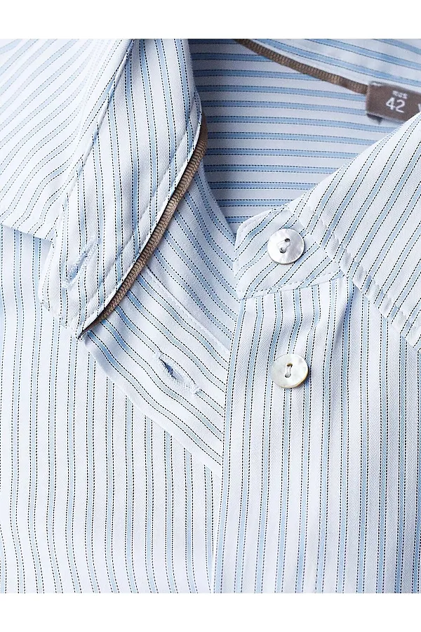 Блузка свободного силуэта в тонкую полоску из эластичного хлопка VILATTE, белый-голубой - фото 2