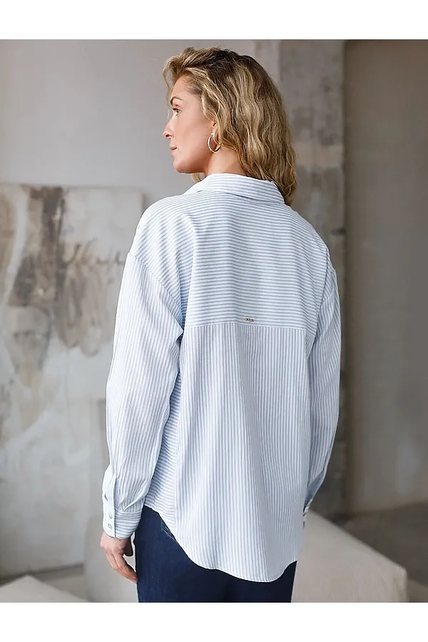 Блузка свободного силуэта в тонкую полоску из эластичного хлопка VILATTE, белый-голубой - фото 2