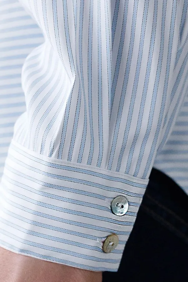 Блузка свободного силуэта в тонкую полоску из эластичного хлопка VILATTE, белый-голубой - фото 2