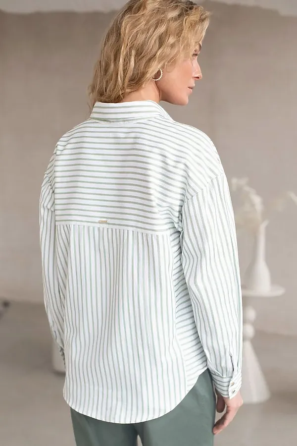 Блузка свободного силуэта в тонкую полоску из эластичного хлопка VILATTE, белый-фисташковый - фото 2