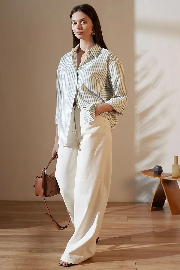 Блузка свободного силуэта в тонкую полоску из эластичного хлопка VILATTE, белый-фисташковый - фото 2