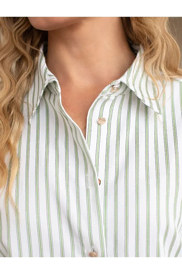 Блузка свободного силуэта в тонкую полоску из эластичного хлопка VILATTE, белый-фисташковый - фото 2