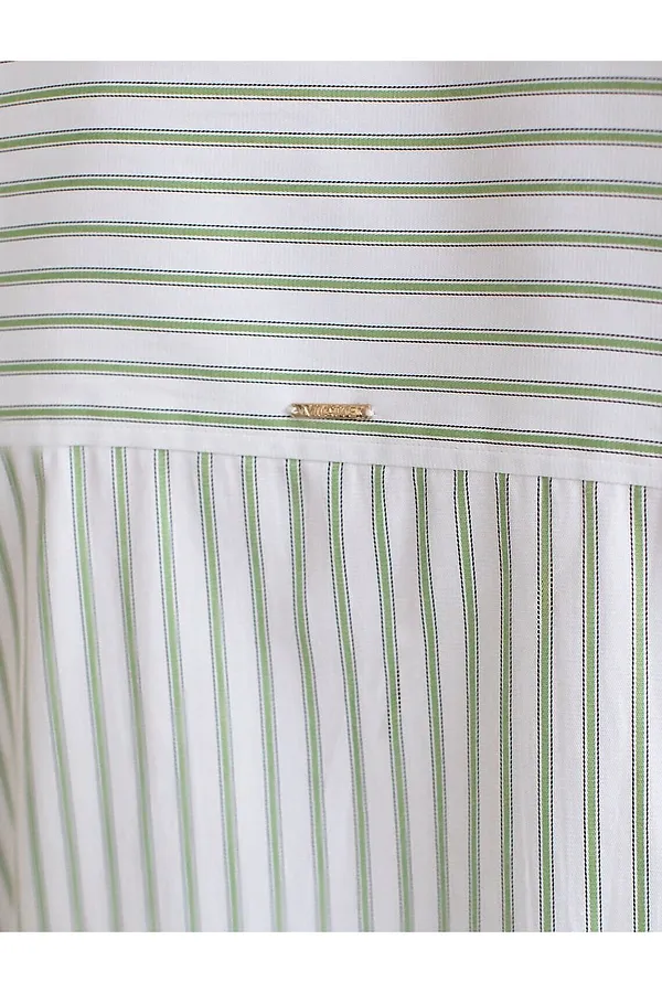 Блузка свободного силуэта в тонкую полоску из эластичного хлопка VILATTE, белый-фисташковый - фото 2