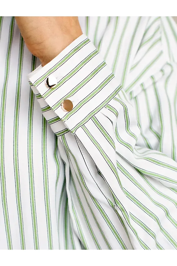 Блузка свободного силуэта в тонкую полоску из эластичного хлопка VILATTE, белый-фисташковый - фото 2