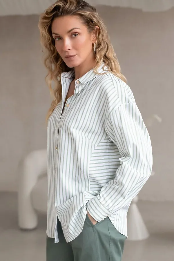 Блузка свободного силуэта в тонкую полоску из эластичного хлопка VILATTE, белый-фисташковый - фото 2