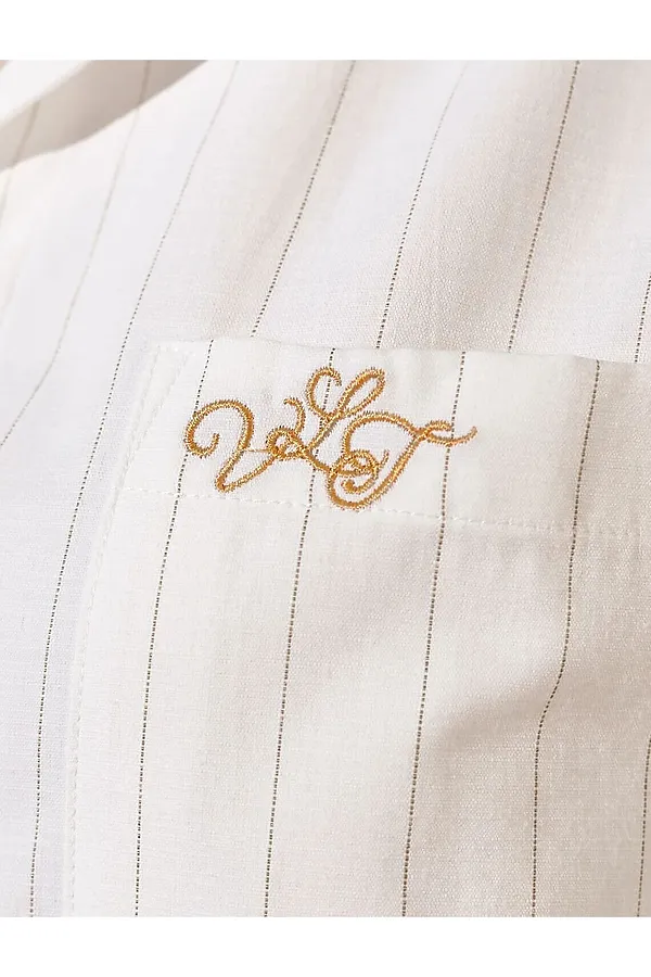 Блузка свободного силуэта в тонкую полоску из эластичного хлопка с добавлением льна VILATTE, молочный-бежевый - фото 2