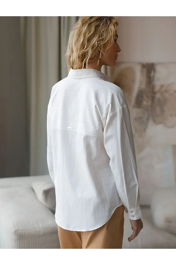 Блузка свободного силуэта в тонкую полоску из эластичного хлопка с добавлением льна VILATTE, молочный-бежевый - фото 2