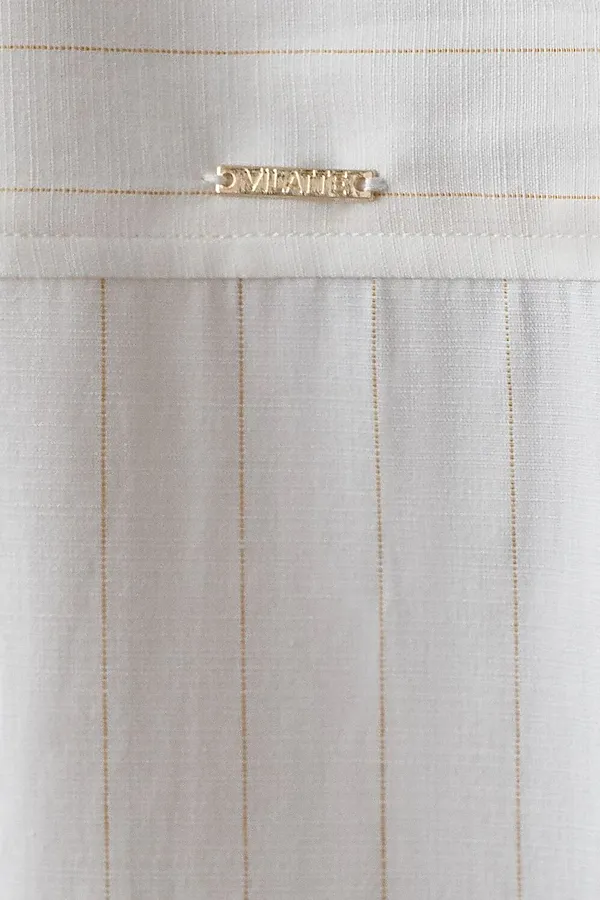 Блузка свободного силуэта в тонкую полоску из эластичного хлопка с добавлением льна VILATTE, молочный-бежевый - фото 2