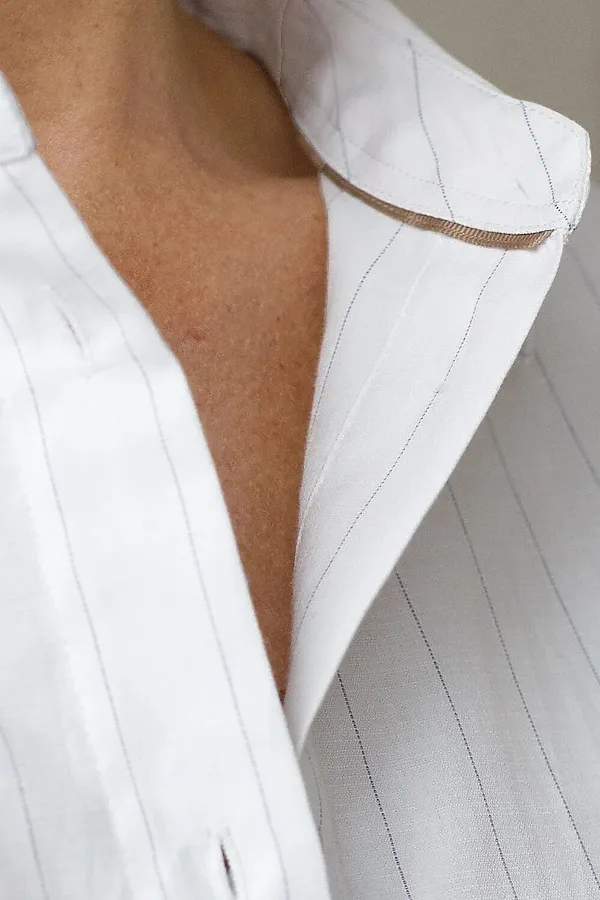 Блузка в полоску с цельнокроеным рукавом 3/4 из эластичного хлопка с добавлением льна VILATTE, белый-лавандовый - фото 2