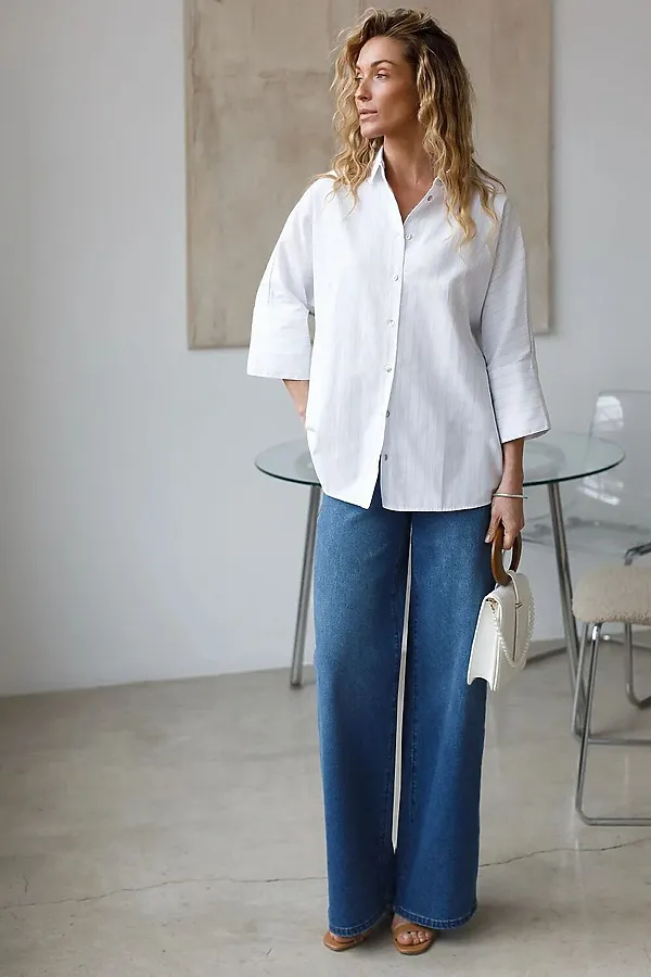 Блузка в полоску с цельнокроеным рукавом 3/4 из эластичного хлопка с добавлением льна VILATTE, белый-лавандовый - фото 2