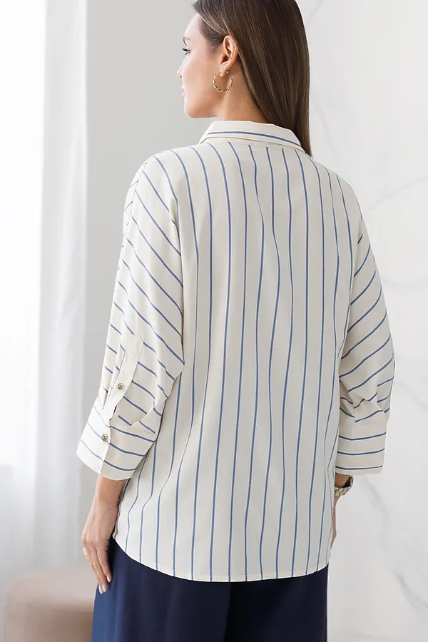Блузка в полоску с цельнокроеным рукавом 3/4 из эластичного хлопка VILATTE, молочный-голубой - фото 2
