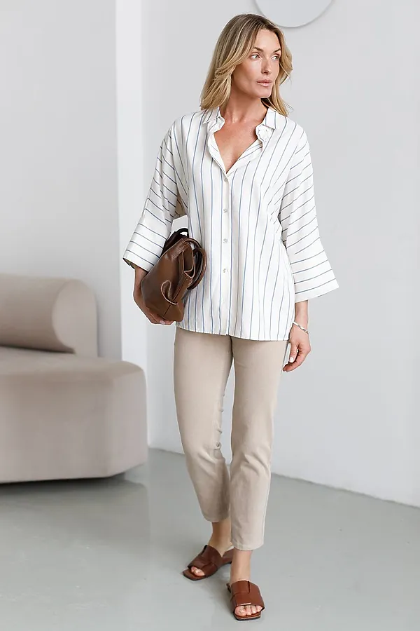 Блузка в полоску с цельнокроеным рукавом 3/4 из эластичного хлопка VILATTE, молочный-голубой - фото 2