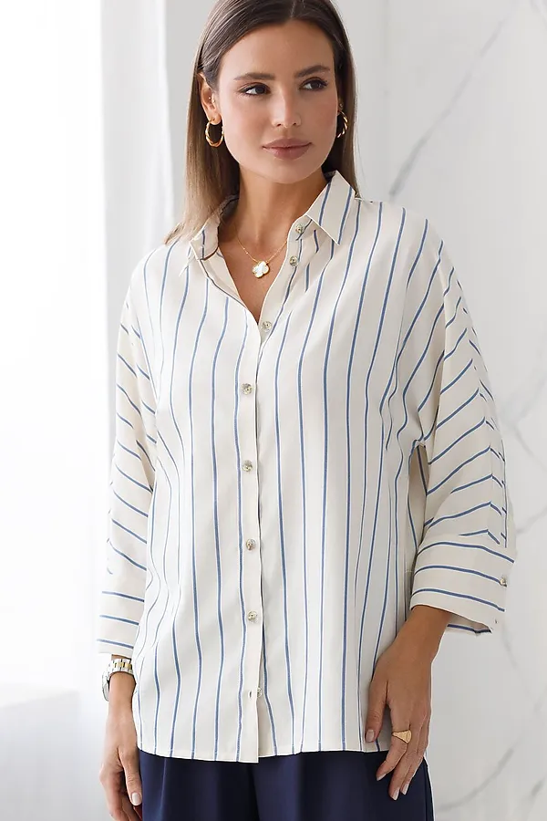 Блузка в полоску с цельнокроеным рукавом 3/4 из эластичного хлопка VILATTE, молочный-голубой - фото 2