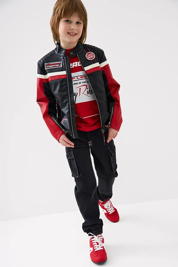 Куртка кожаная для мальчиков PLAYTODAY, черный,белый,красный - фото 2