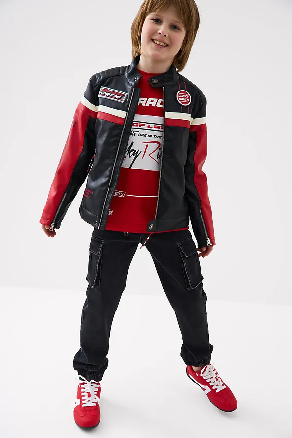 Куртка кожаная для мальчиков PLAYTODAY, черный,белый,красный - фото 2