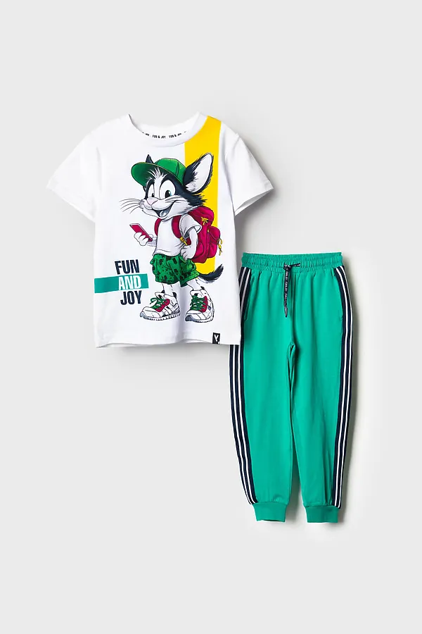 Комплект трикотажный для мальчиков: фуфайка (футболка), брюки PLAYTODAY, белый,зеленый - фото 2