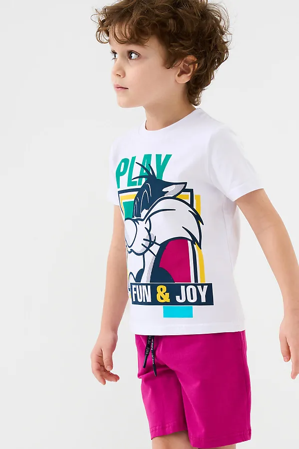 Комплект трикотажный для мальчиков: фуфайка (футболка), шорты PLAYTODAY, белый,малиновый - фото 2