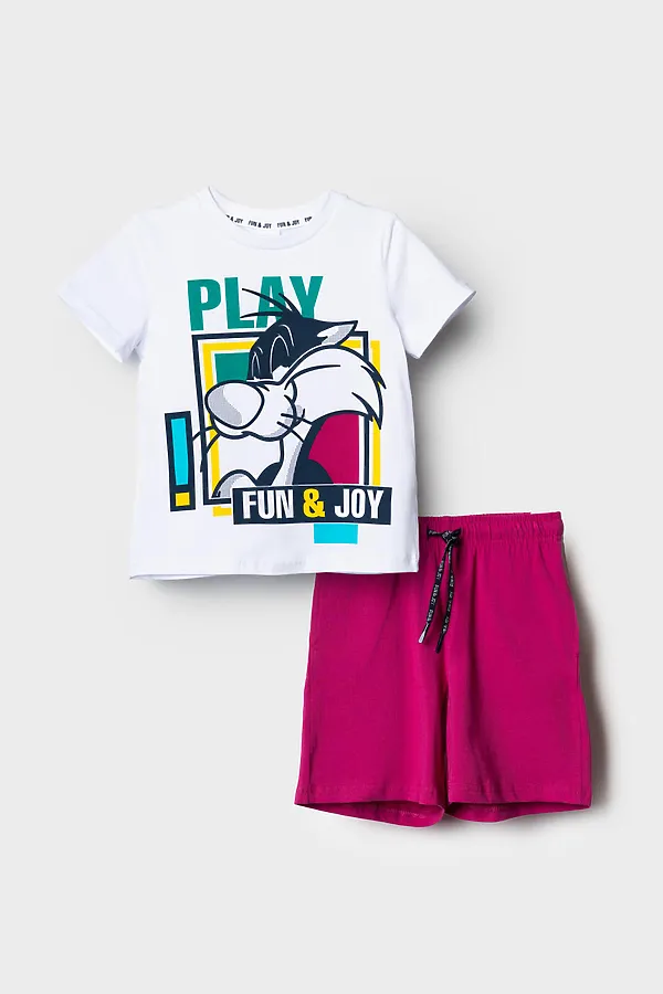 Комплект трикотажный для мальчиков: фуфайка (футболка), шорты PLAYTODAY, белый,малиновый - фото 2