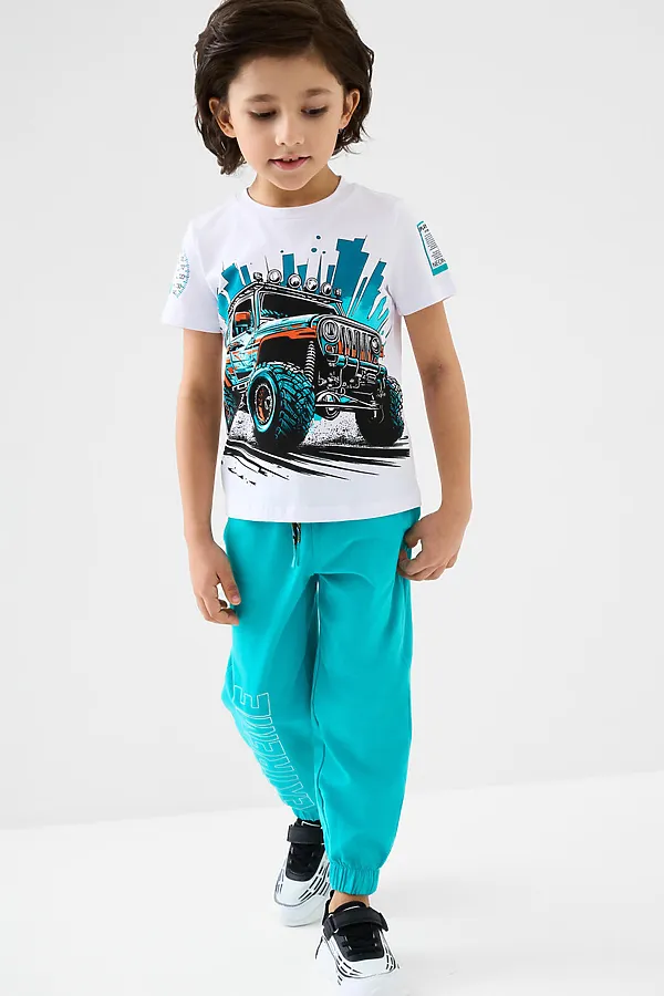 Комплект трикотажный для мальчиков: фуфайка (футболка), брюки PLAYTODAY, белый,бирюзовый - фото 2