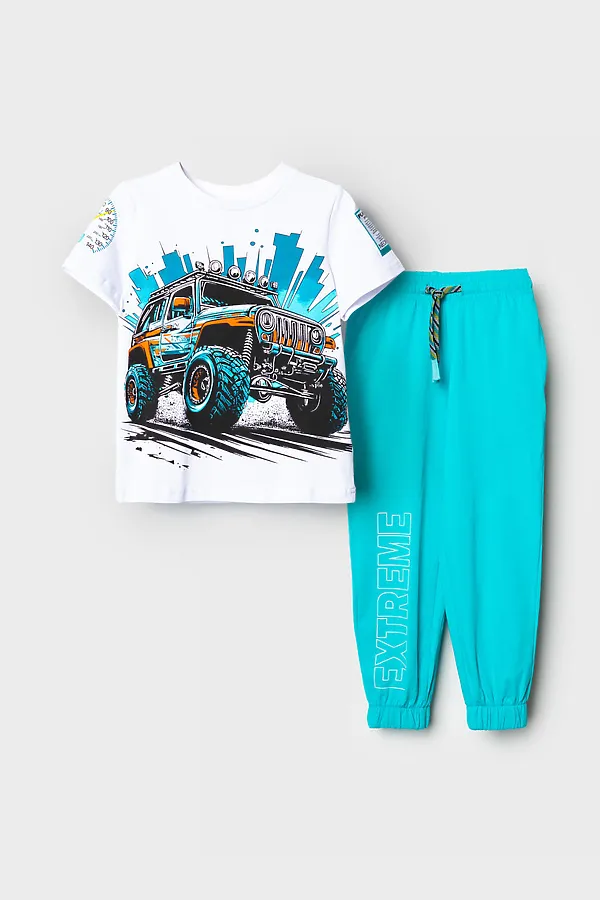 Комплект трикотажный для мальчиков: фуфайка (футболка), брюки PLAYTODAY, белый,бирюзовый - фото 2