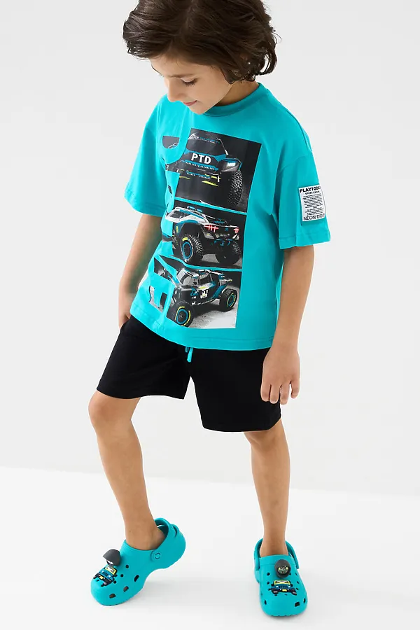 Комплект трикотажный для мальчиков: фуфайка (футболка), шорты PLAYTODAY, черный,бирюзовый - фото 2