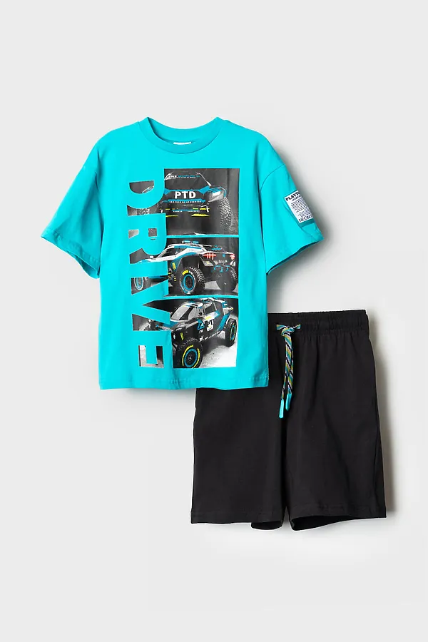 Комплект трикотажный для мальчиков: фуфайка (футболка), шорты PLAYTODAY, черный,бирюзовый - фото 2