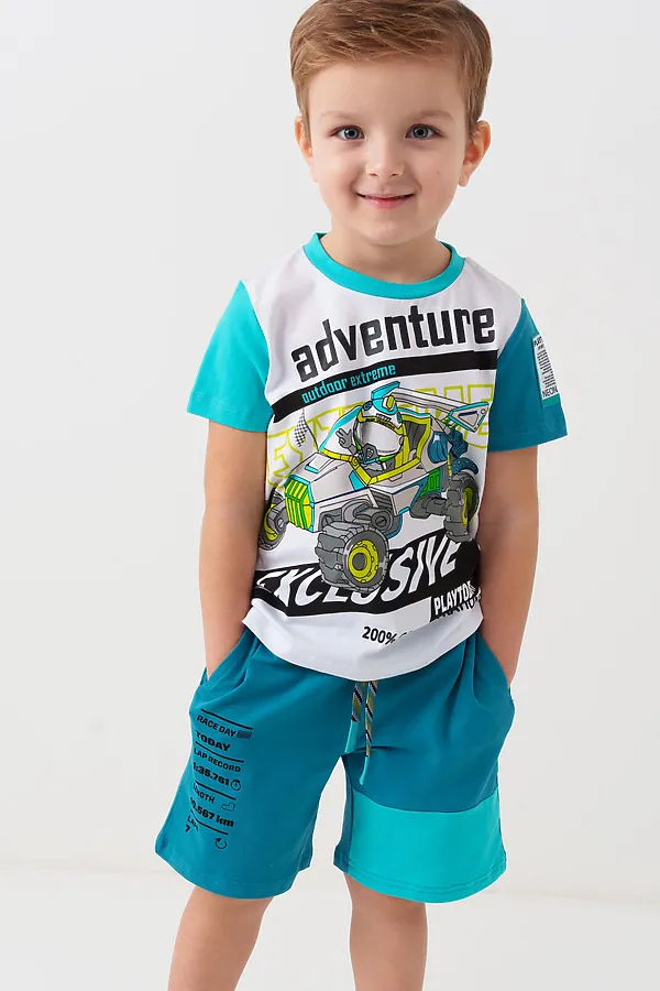 Комплект трикотажный для мальчиков: фуфайка (футболка), шорты PLAYTODAY, белый,бирюзовый - фото 2