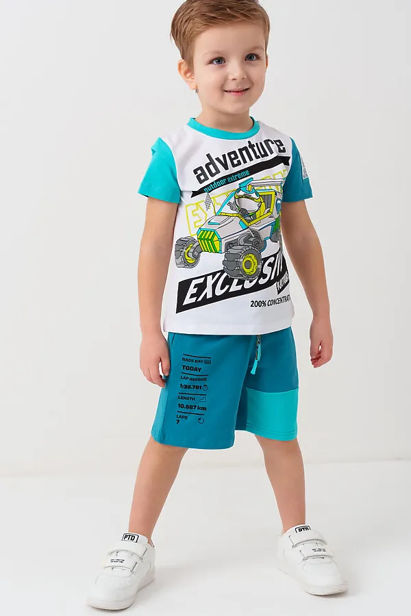 Комплект трикотажный для мальчиков: фуфайка (футболка), шорты PLAYTODAY, белый,бирюзовый - фото 2