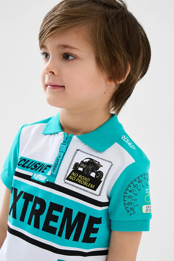 Джемпер трикотажный с воротником поло для мальчиков PLAYTODAY, белый,бирюзовый - фото 2