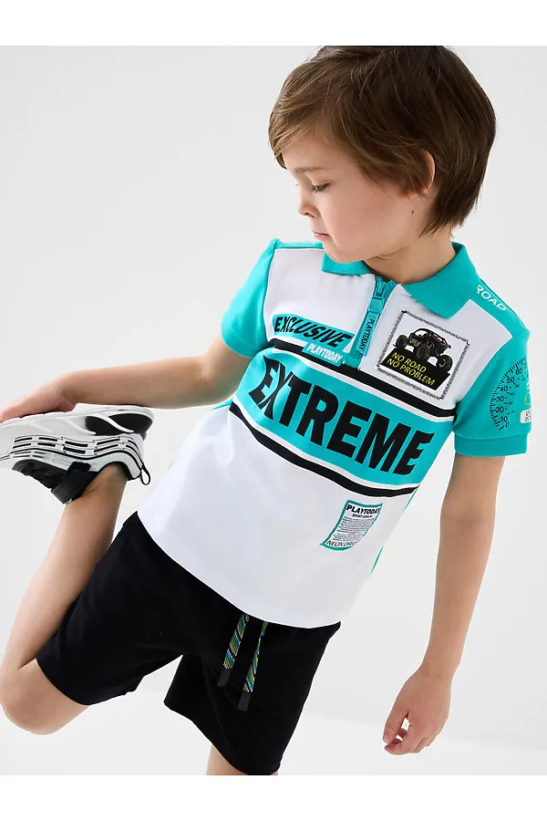 Джемпер трикотажный с воротником поло для мальчиков PLAYTODAY, белый,бирюзовый - фото 2