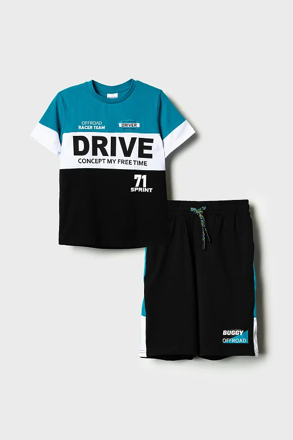 Комплект трикотажный для мальчиков: фуфайка (футболка), шорты PLAYTODAY, белый,черный,бирюзовый - фото 2