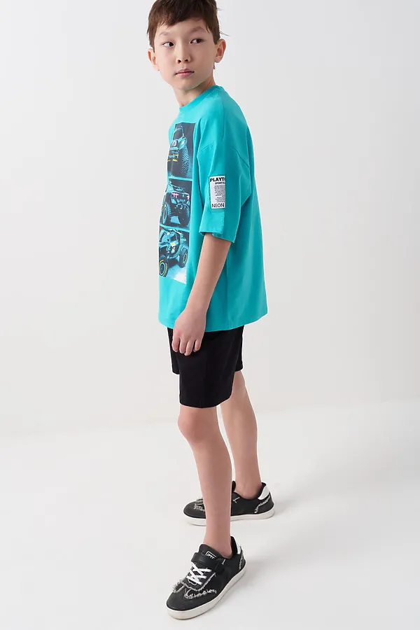 Комплект трикотажный для мальчиков: фуфайка (футболка), шорты PLAYTODAY, черный,бирюзовый - фото 2