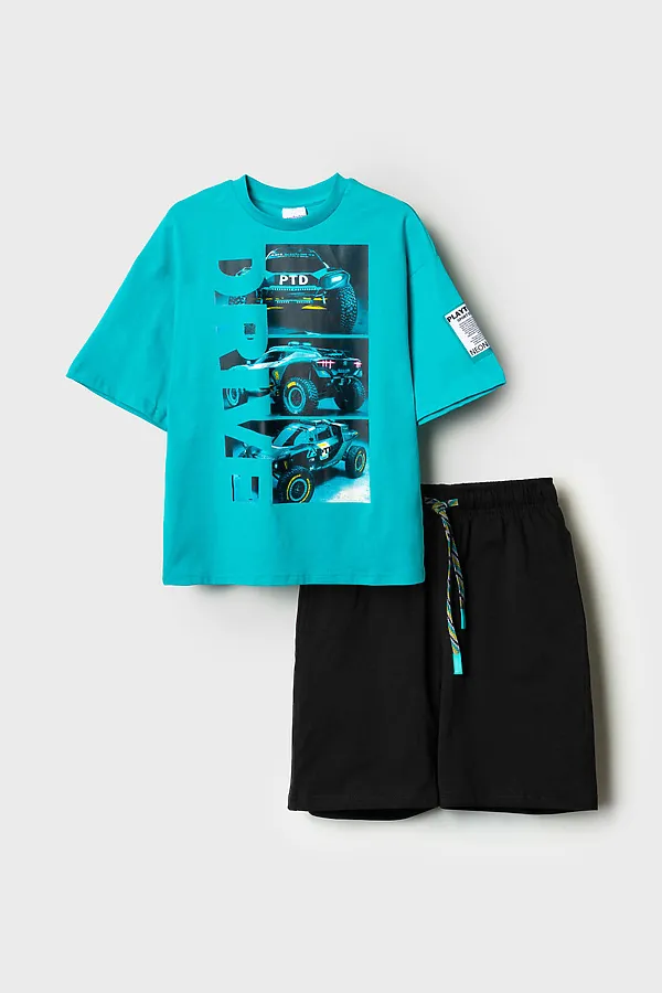 Комплект трикотажный для мальчиков: фуфайка (футболка), шорты PLAYTODAY, черный,бирюзовый - фото 2