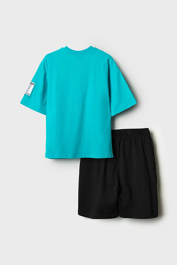 Комплект трикотажный для мальчиков: фуфайка (футболка), шорты PLAYTODAY, черный,бирюзовый - фото 2