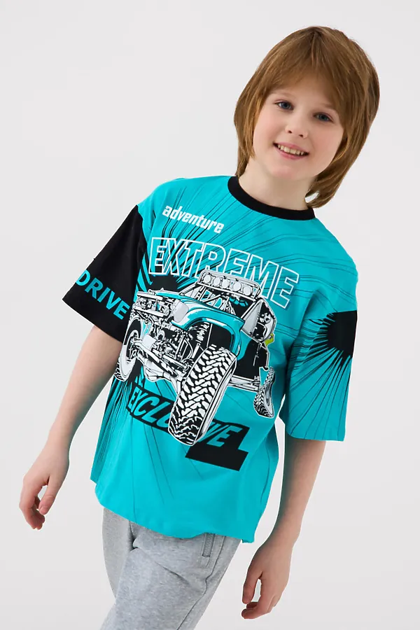 Фуфайка трикотажная для мальчиков (футболка) PLAYTODAY, черный,бирюзовый - фото 2