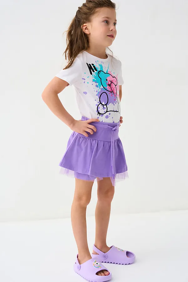 Комплект трикотажный для девочек: фуфайка (футболка), юбка-шорты PLAYTODAY, сиреневый,белый - фото 2