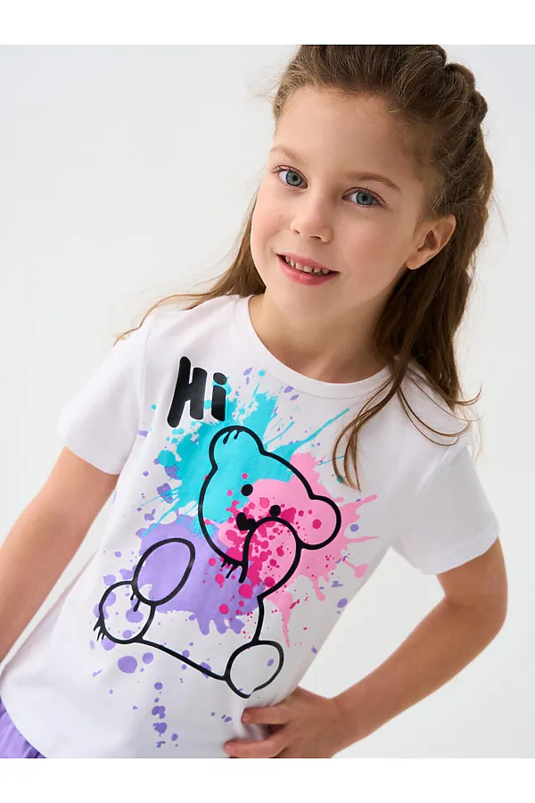 Комплект трикотажный для девочек: фуфайка (футболка), юбка-шорты PLAYTODAY, сиреневый,белый - фото 2