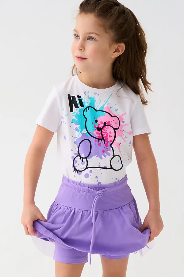 Комплект трикотажный для девочек: фуфайка (футболка), юбка-шорты PLAYTODAY, сиреневый,белый - фото 2