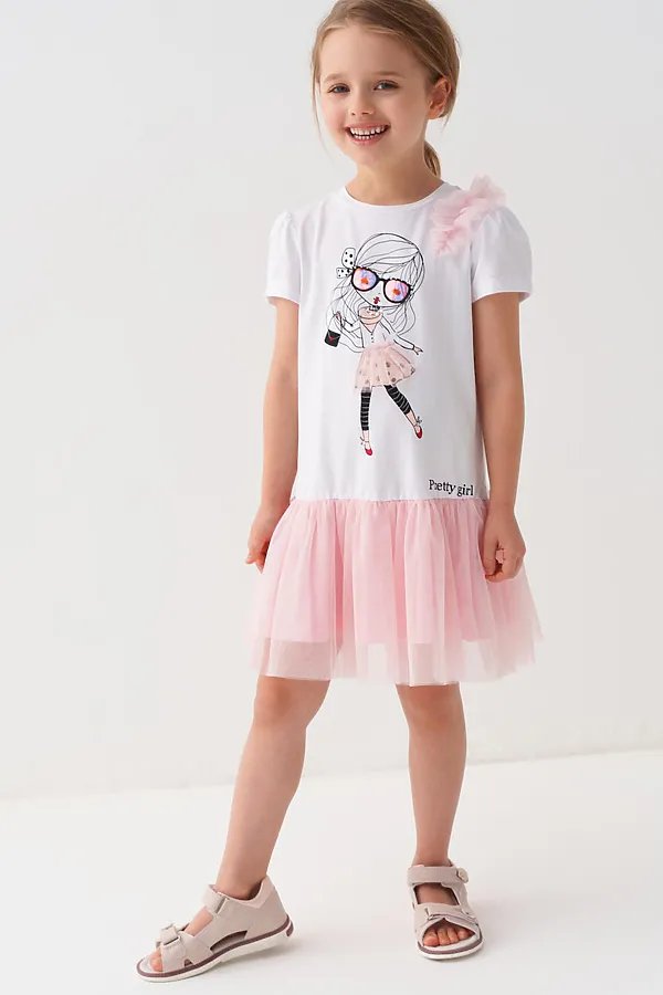 Платье трикотажное для девочек PLAYTODAY, белый,бежевый - фото 2