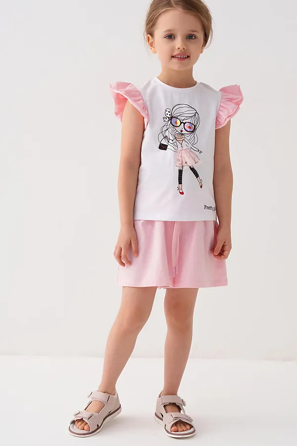 Комплект трикотажный для девочек: джемпер (футболка), шорты PLAYTODAY, белый,светло-розовый - фото 2