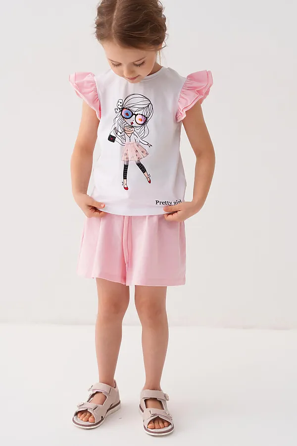 Комплект трикотажный для девочек: джемпер (футболка), шорты PLAYTODAY, белый,светло-розовый - фото 2