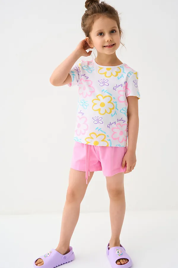 Комплект трикотажный для девочек: фуфайка (футболка), шорты PLAYTODAY, белый,розовый - фото 2