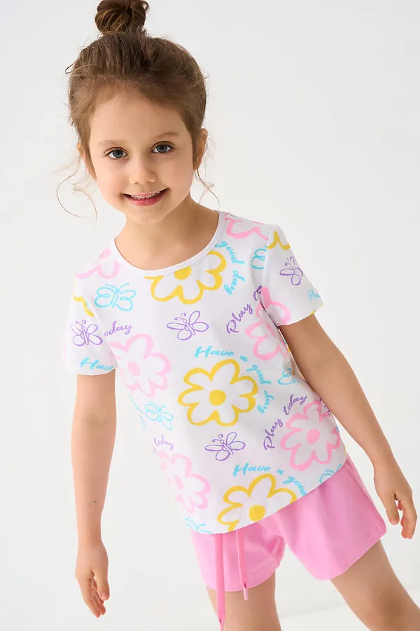 Комплект трикотажный для девочек: фуфайка (футболка), шорты PLAYTODAY, белый,розовый - фото 2