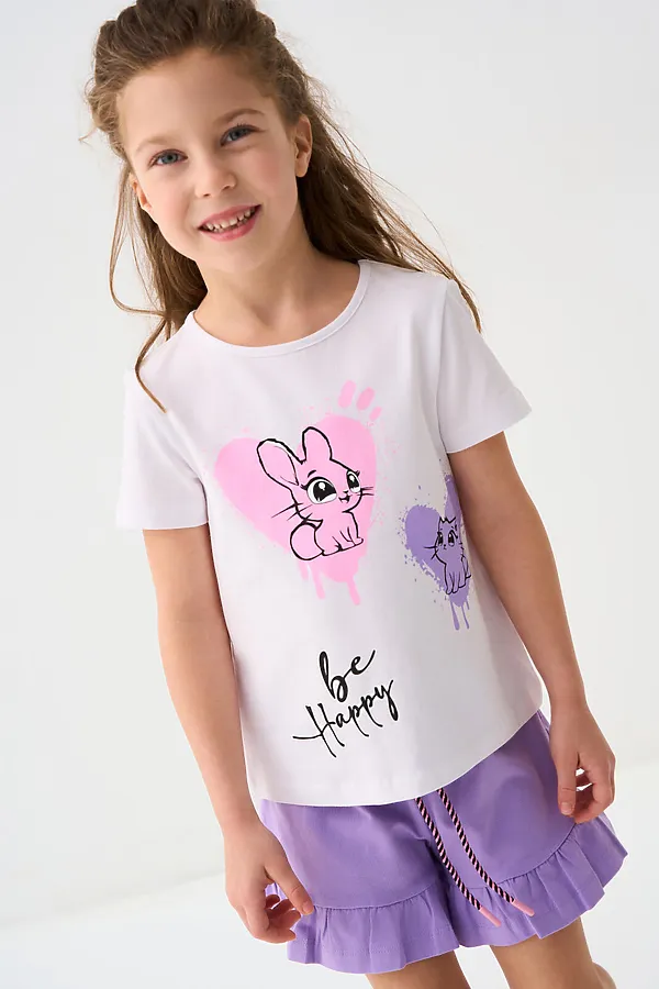 Комплект трикотажный для девочек: фуфайка (футболка), шорты PLAYTODAY, белый,сиреневый - фото 2
