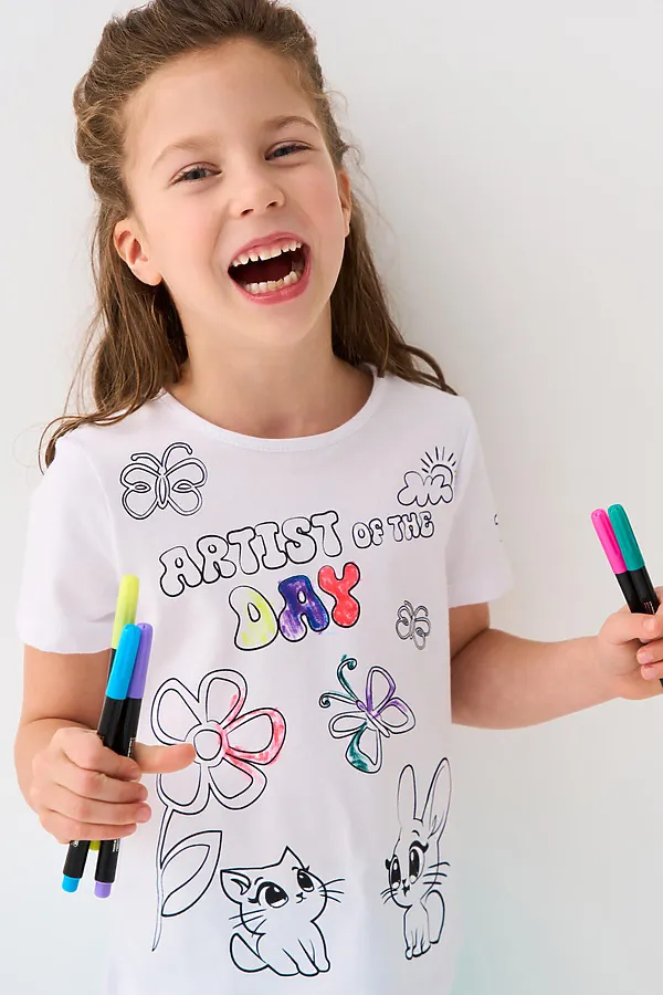 Комплект для девочек: фуфайка трикотажная (футболка), фломастеры для рисования по ткани PLAYTODAY, разноцветный - фото 2