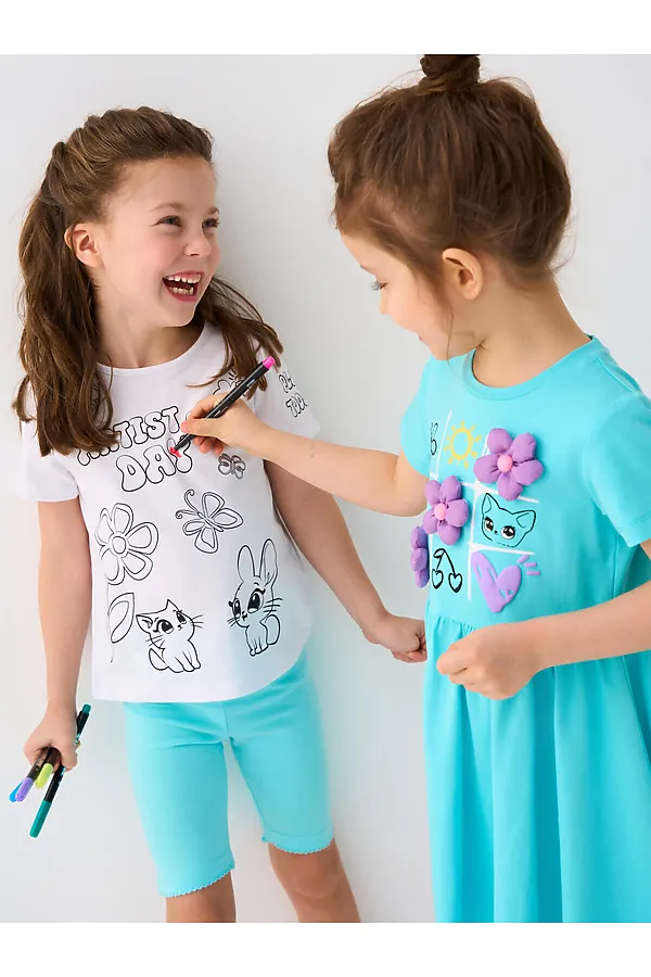 Комплект для девочек: фуфайка трикотажная (футболка), фломастеры для рисования по ткани PLAYTODAY, разноцветный - фото 2