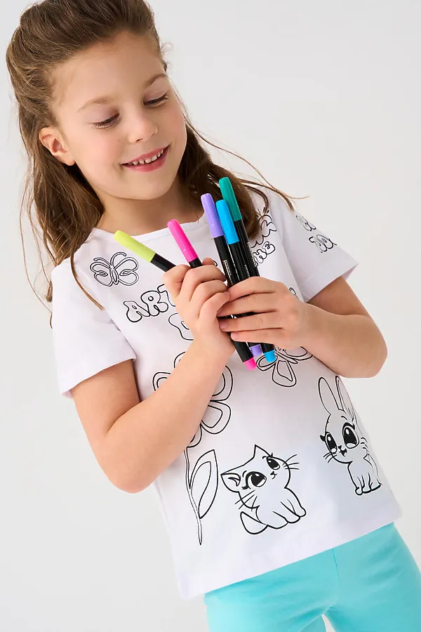 Комплект для девочек: фуфайка трикотажная (футболка), фломастеры для рисования по ткани PLAYTODAY, разноцветный - фото 2